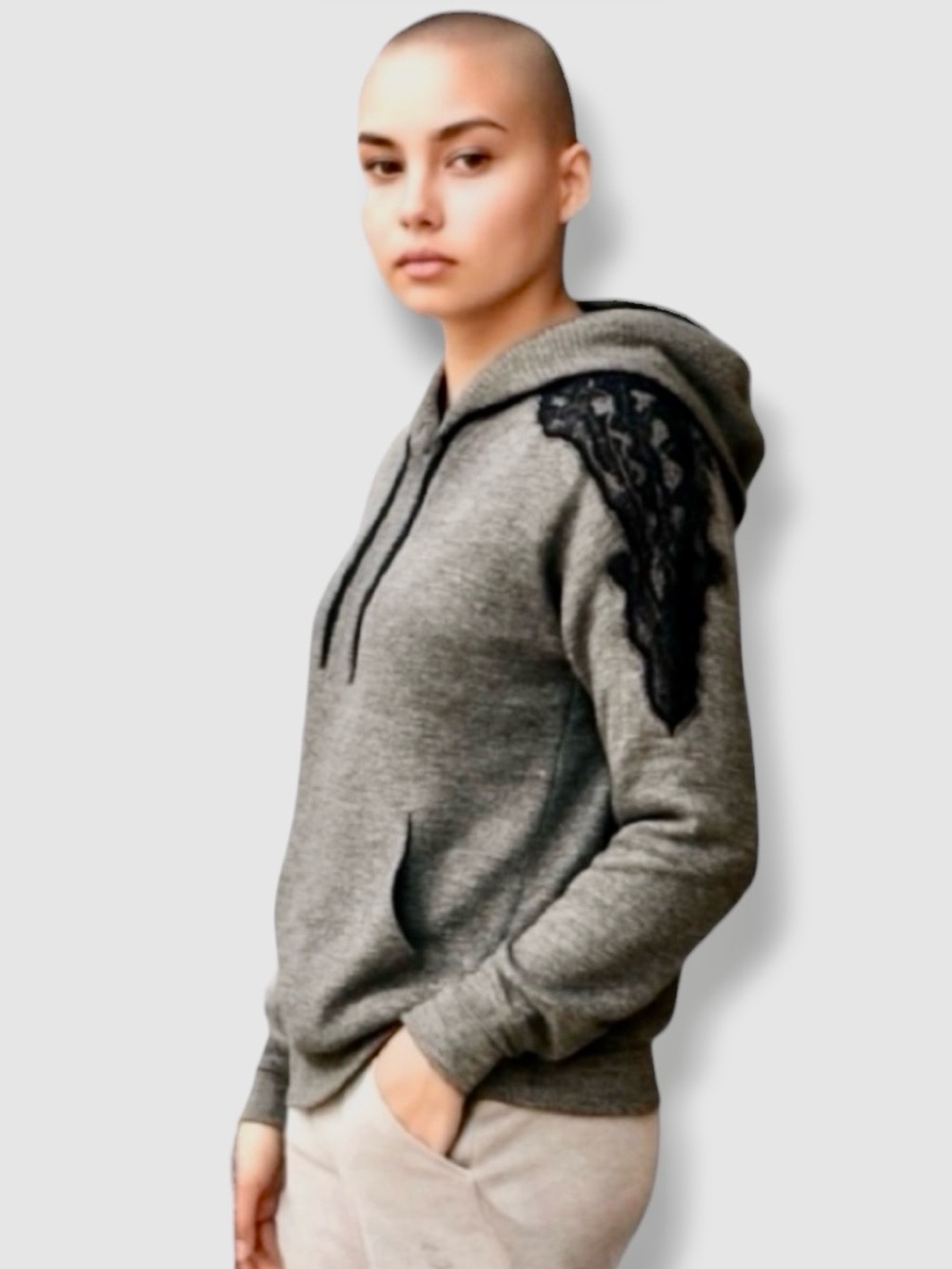 Wallflower (Kohl’s) Hoodie Gray Soft Knit Pullover Black Lace Appliqué Size M